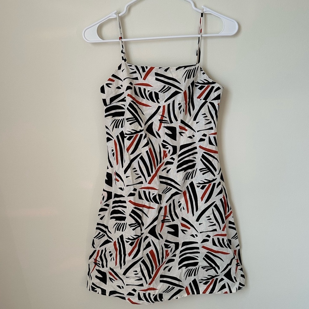 Francesca’s Blue Rain Tropical Print Linen Spaghetti Strap Dress Orange & Black